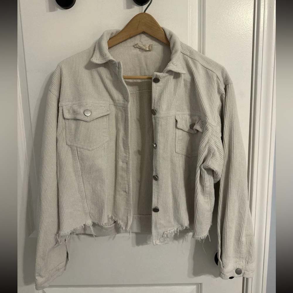 Altar'd State Jacket Ivory Corduroy Raw Hem Crop Distressed Jacket Women Small